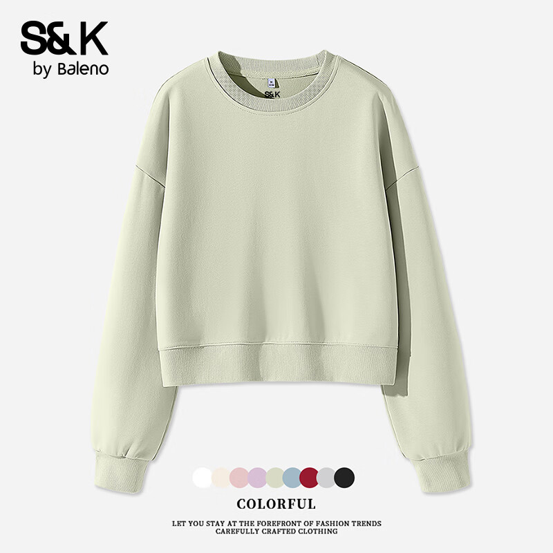 班尼路S&amp;K系列卫衣女装秋冬季新款圆领长袖休闲风短款小个子运动上衣服 灰绿#纯色 【柔软亲肤】 M