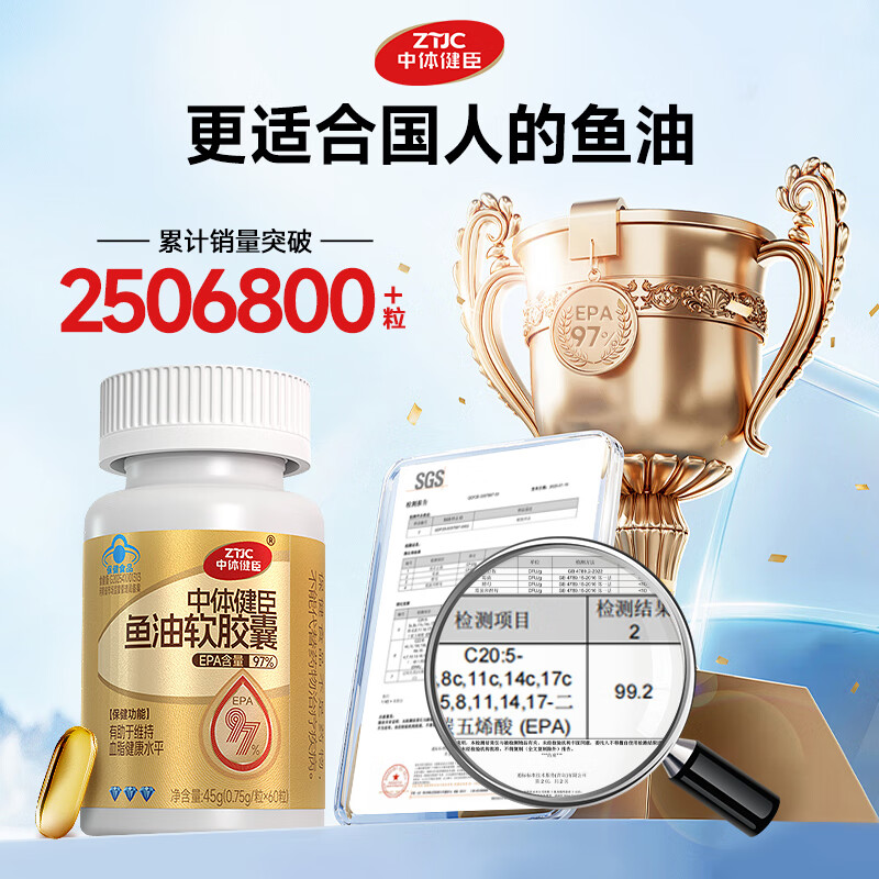 中体健臣鱼油高纯度epa97%蓝帽子辅助降血脂omega3中老年成人 60粒*6瓶 【赠3瓶旅行装】
