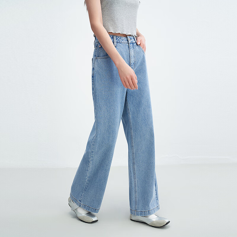 乐町直筒韩系少女牛仔裤显瘦高腰莱赛尔阔腿裤 牛仔中蓝(现货) M