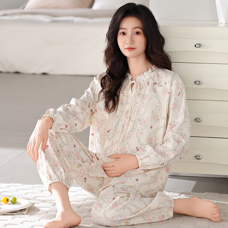 婧麒（JOYNCLEON）月子服纯棉产后秋冬季孕妇睡衣哺乳产妇怀孕 小碎花 XL