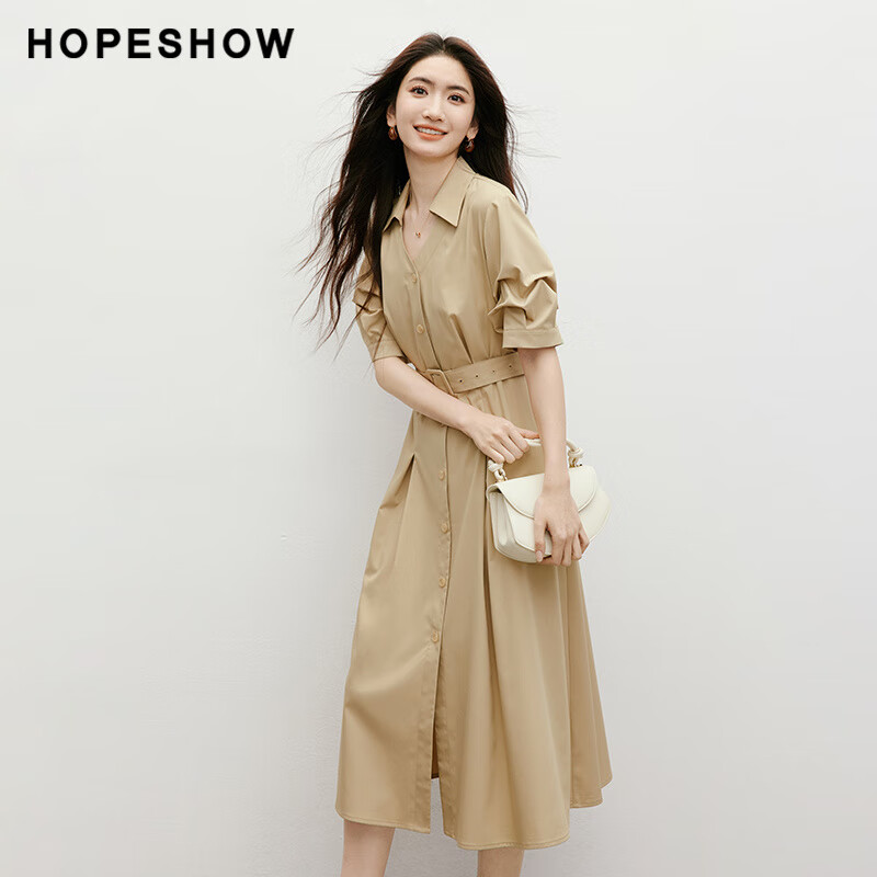红袖（hopeshow）咖色感连衣裙2025春夏新款女装腰带堆堆袖翻领休闲职业裙七夕 牛奶咖035 S