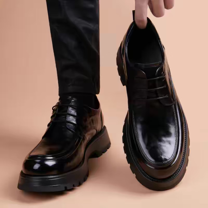 Walker Shop高端皮鞋男款2026新款厚底增高商务休闲男鞋头层牛皮皮鞋男夏季薄 黑色内增高【品牌男鞋 礼盒包装】 40
