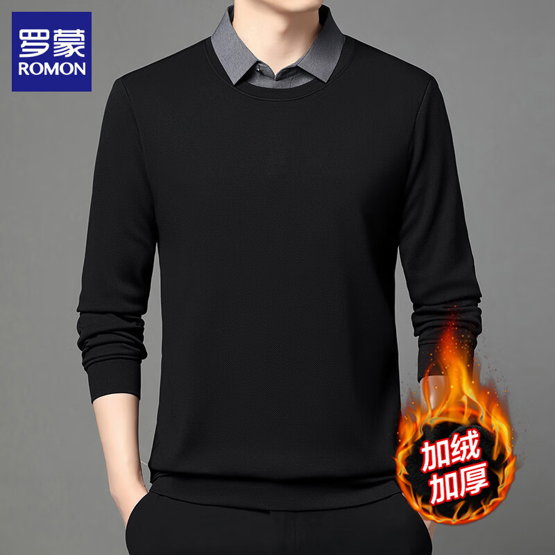 ROMON加绒加厚假两件长袖t恤男2025冬季新款保暖针织打底衫卫衣男装 黑色 L