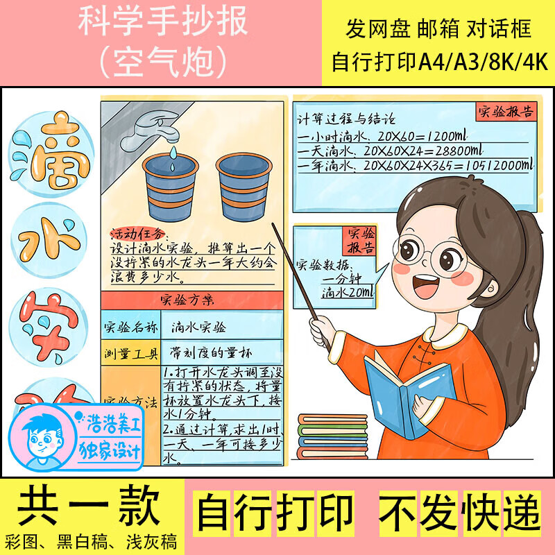698滴水实验手抄报模版电子版生活中的科学小报科学实验线稿小学