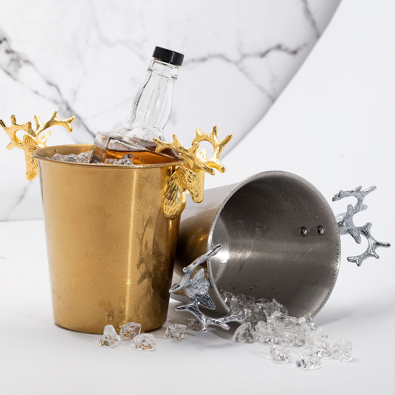 PJ欧式香槟桶不锈钢冰桶家用冰酒桶金色鹿角冰块桶复古样板房装饰 金色大号5L+不锈钢冰夹