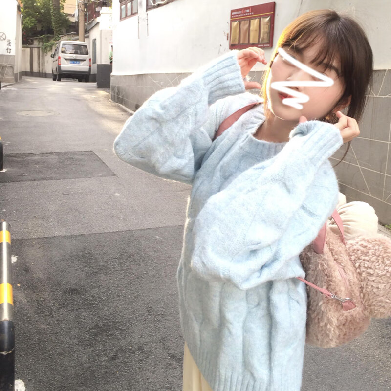 翊尚美软糯毛衣女秋冬2025年新款休闲外穿圆领上衣慵懒风宽松套头针织衫 天蓝色 【升级软糯面料】 均码 【适合80-140斤】