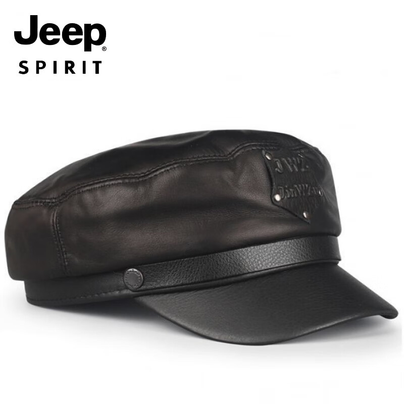JEEP羊皮真皮帽子潮鸭舌男女平顶朋克秋冬季军帽英伦中老年人机车冬天 黑色羊皮 M 大码XXL(适合59-60c围)