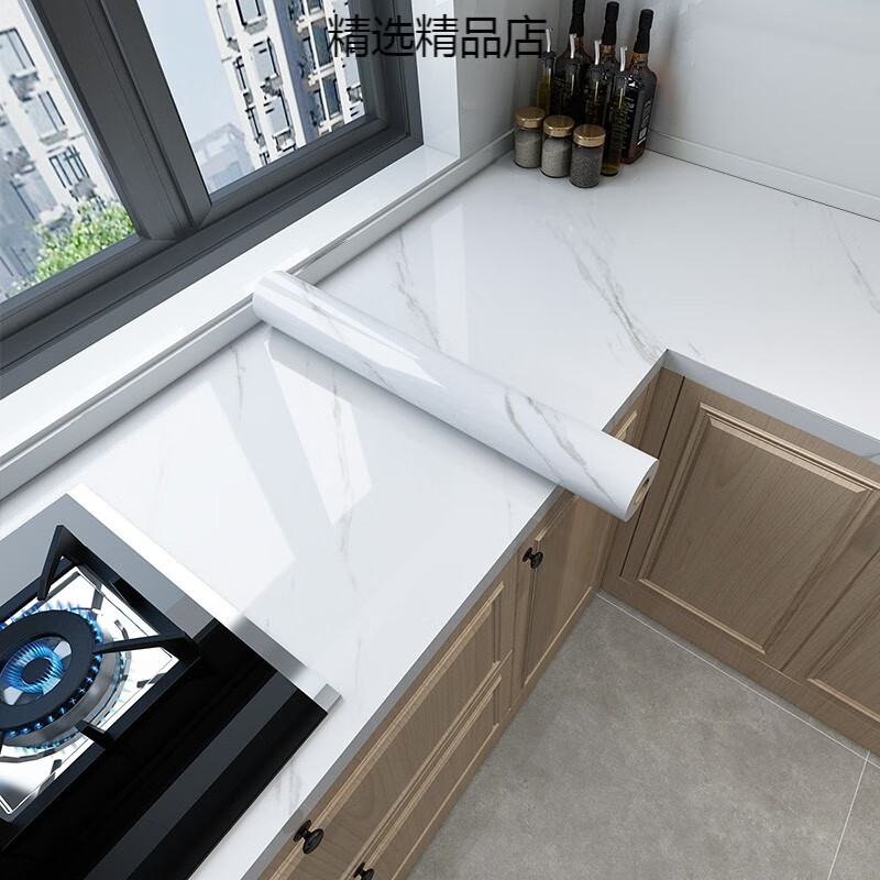 締卡廚房貼紙防水防油耐高溫防潮灶臺墻紙櫥柜翻新瓷 東方白玉連續(xù)不裁剪發(fā)貨 寬60厘米*長3米