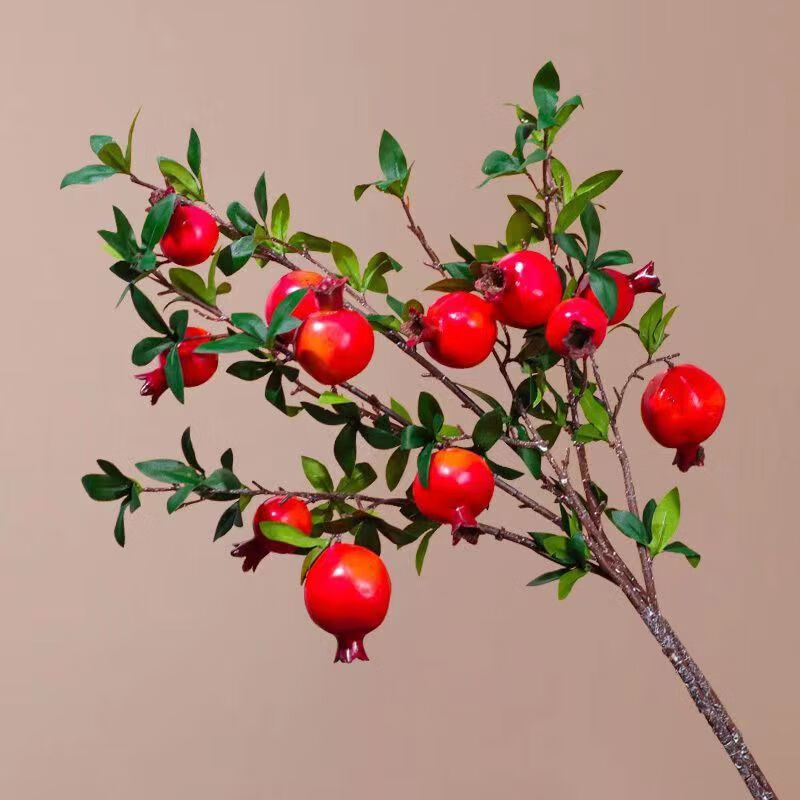 仿真石榴果树枝假花高档发财果中式美式客厅插花落地玄关装饰摆件 七头带叶石榴红色2枝装