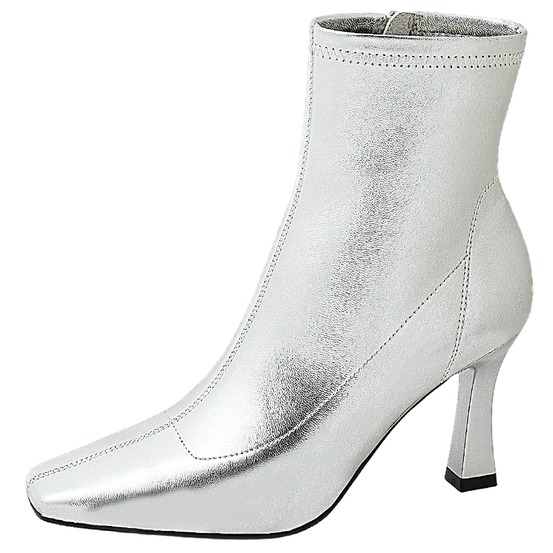 康莉（COMELY）羊皮法式靴子女2025秋冬時尚真皮高跟短靴加絨瘦瘦靴 黑色 38