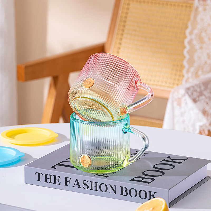 LOVWISHins风竖纹玻璃杯带把水杯家用饮料杯高颜值马克杯高级感咖啡杯子 乐映竖纹把杯【混色】350ml*2
