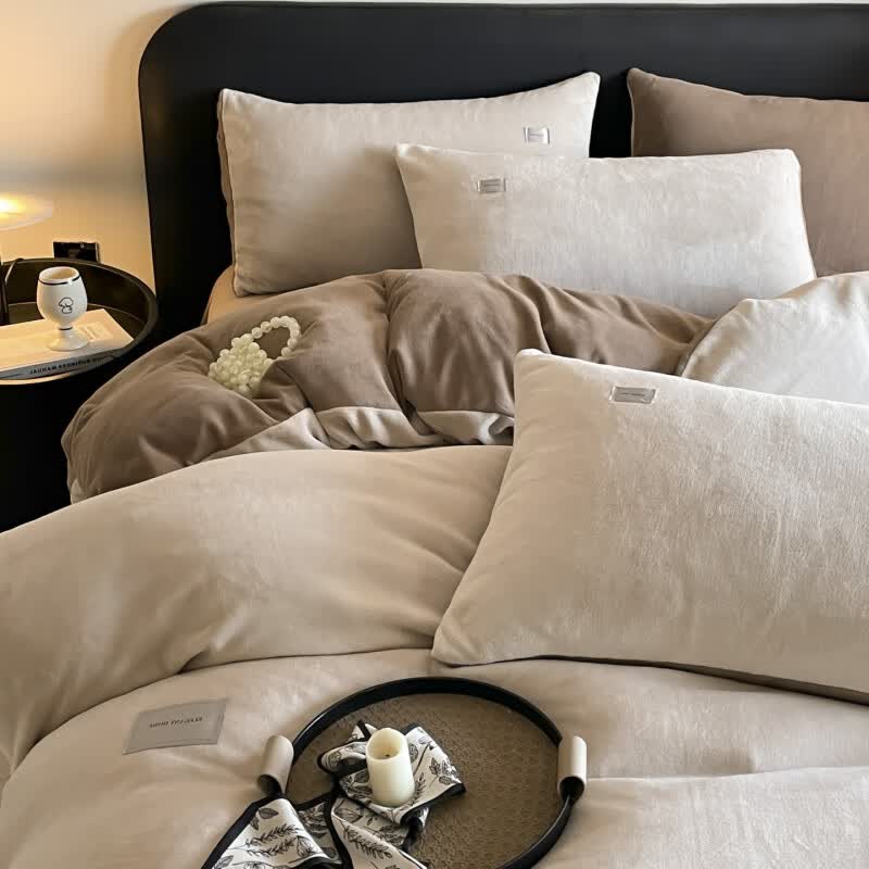 诸禄南通叠石桥牛奶绒四件套冬季保暖舒适纯色毛绒床单被套双人床品 香芋柴深灰 床笠款 1.8m被套加大四件套