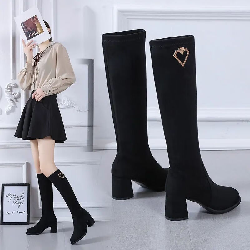 青少女生过膝长筒靴高跟初中生高中生小个子2022新款显瘦中筒靴粗跟