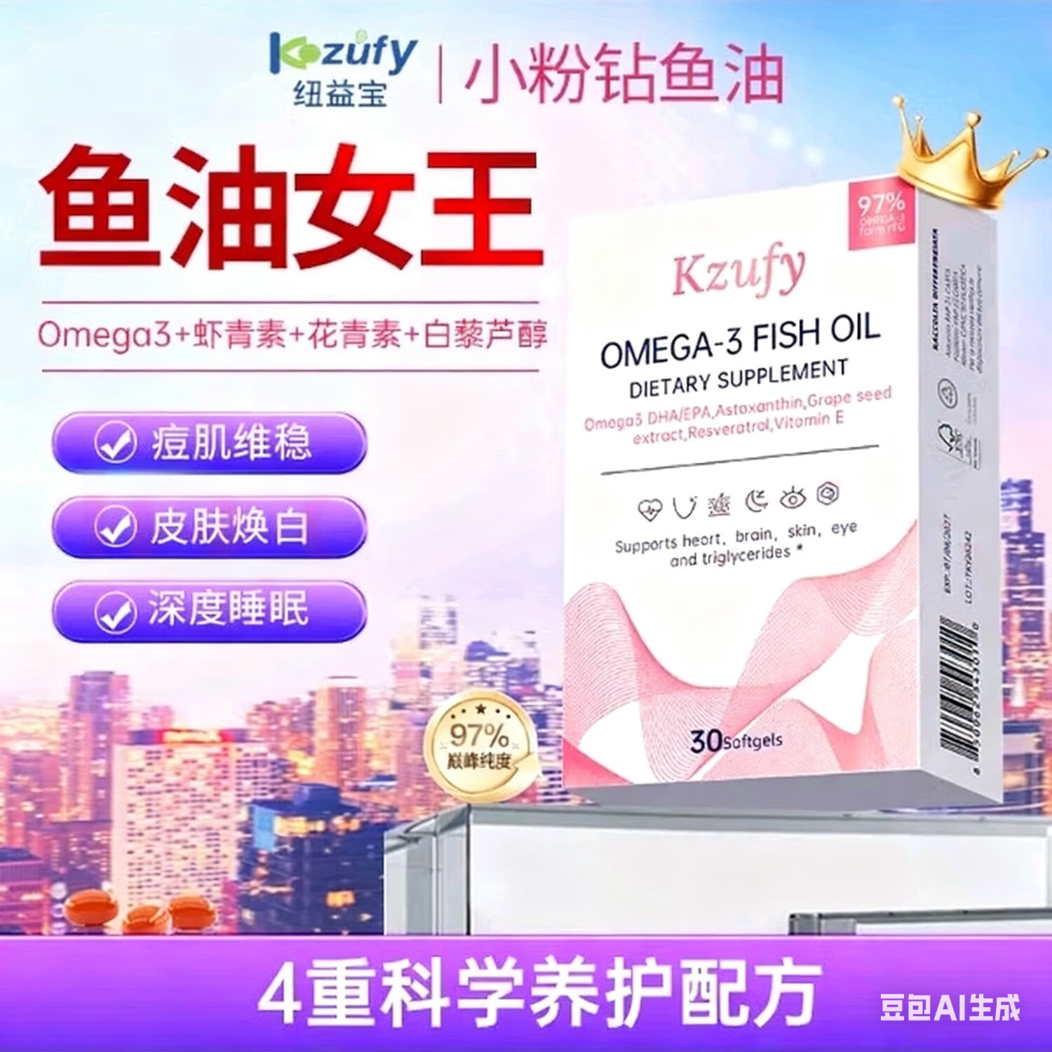 Kzufy小粉钻鱼油97%纯度深海女生虾青素Omega3抗氧雪肌美容30粒 三盒【周期装】【正品保证】