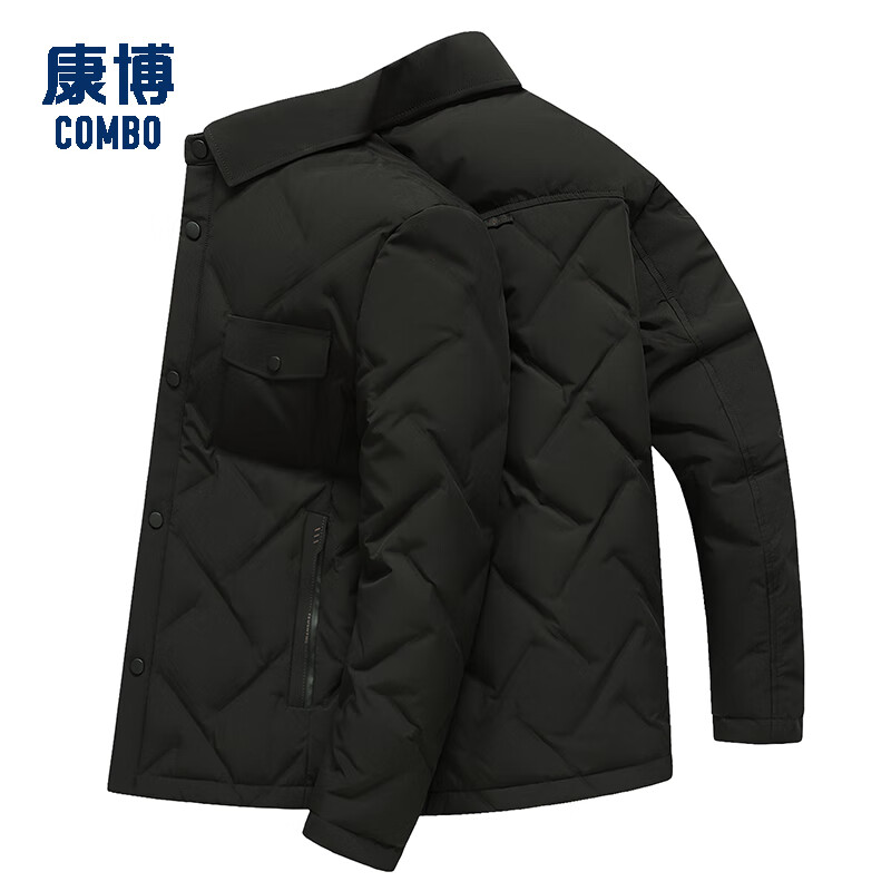 康博秋冬新款时尚百搭轻薄衬衫羽绒服保暖翻领外套 黑色 L (175)