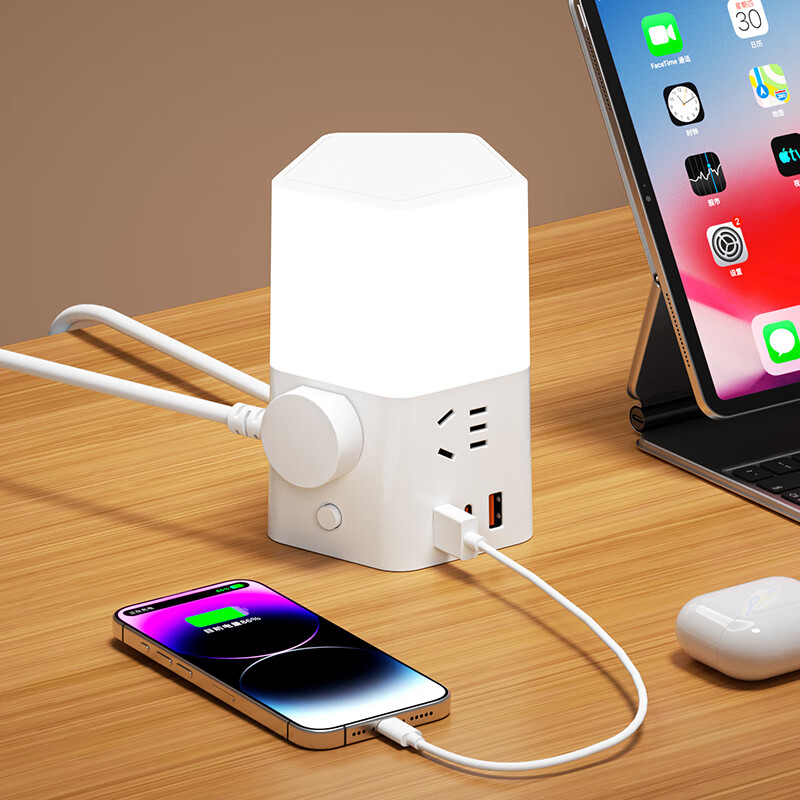 新款正品床头灯纯铜插座带小夜灯卧室喂奶灯多功能带USB接线板 五插位带3USB【带夜灯可三档调色】2.8米