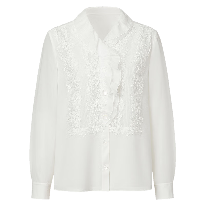 VGRASS25早秋新款14MM真絲喬其重工水溶蕾絲刺繡工藝襯衫女 山梨白色 S