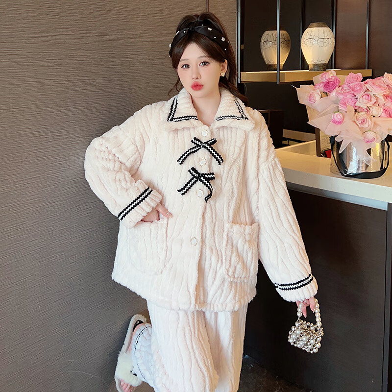 俞兆林珊瑚绒睡衣女秋冬季2025新款加绒加厚法兰绒小香风甜美家居服套装 黑边蝴蝶结 【睡衣两件套】 L 【适合80-120斤】