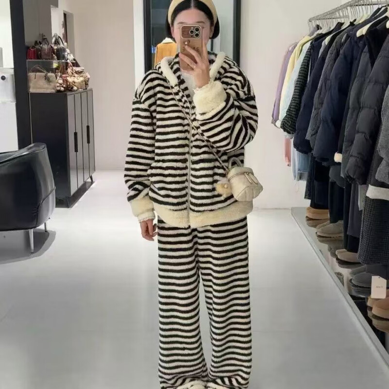 诗莉奥(SHILIAO)2025秋冬条纹连帽睡衣套装斑马条纹拉链加绒加厚开衫两件套家居服 立领款 2XL (130-150斤)