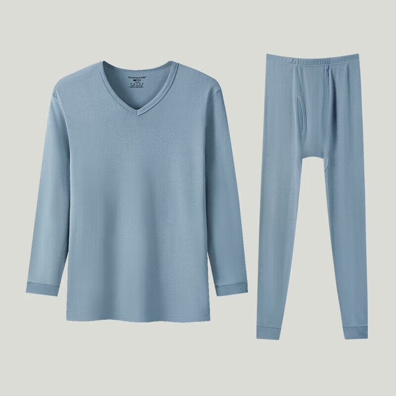 三枪（THREEGUN）[2件]保暖内衣男纯棉套装柔软透罗纹高弹秋衣秋裤秋冬季抗静电 【V领上衣+裤子】雾霾蓝+雾霾蓝 XL