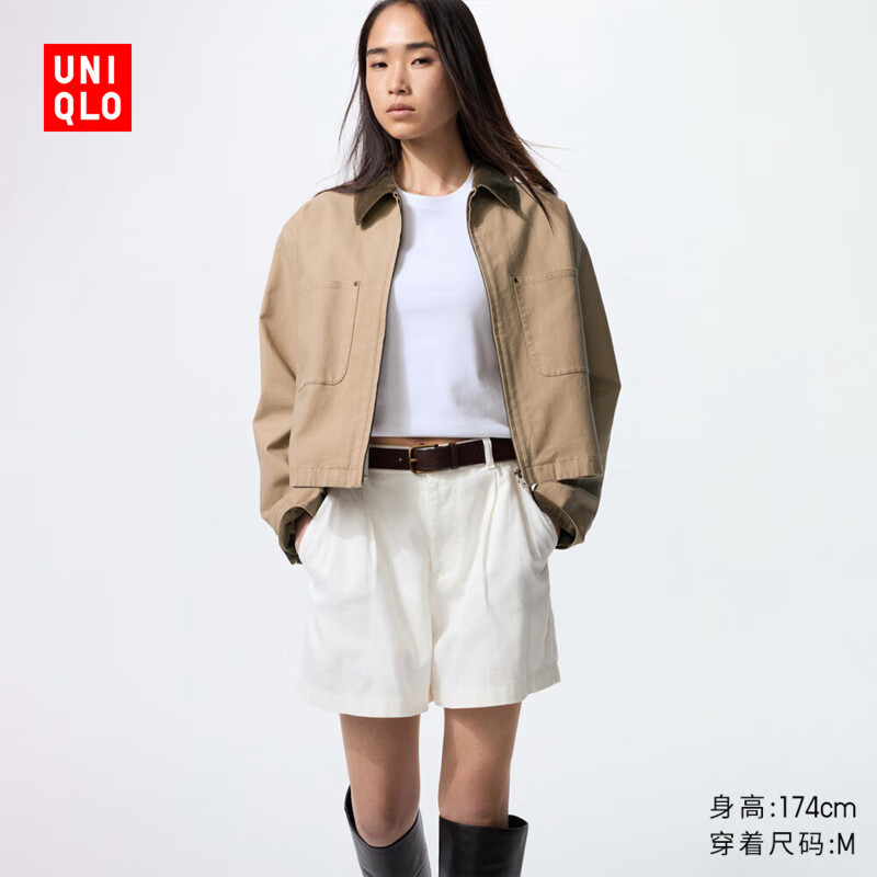 优衣库女装休闲拉链短茄克/外套巴恩风翻领时尚夹克 新款479208 32 深米色 M /160/84A