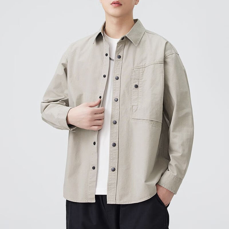 美式休闲长袖衬衫男士时尚潮牌大码宽松外套2025春秋季新款衬衣男 T780浅灰色 2XL 建议 160-180斤