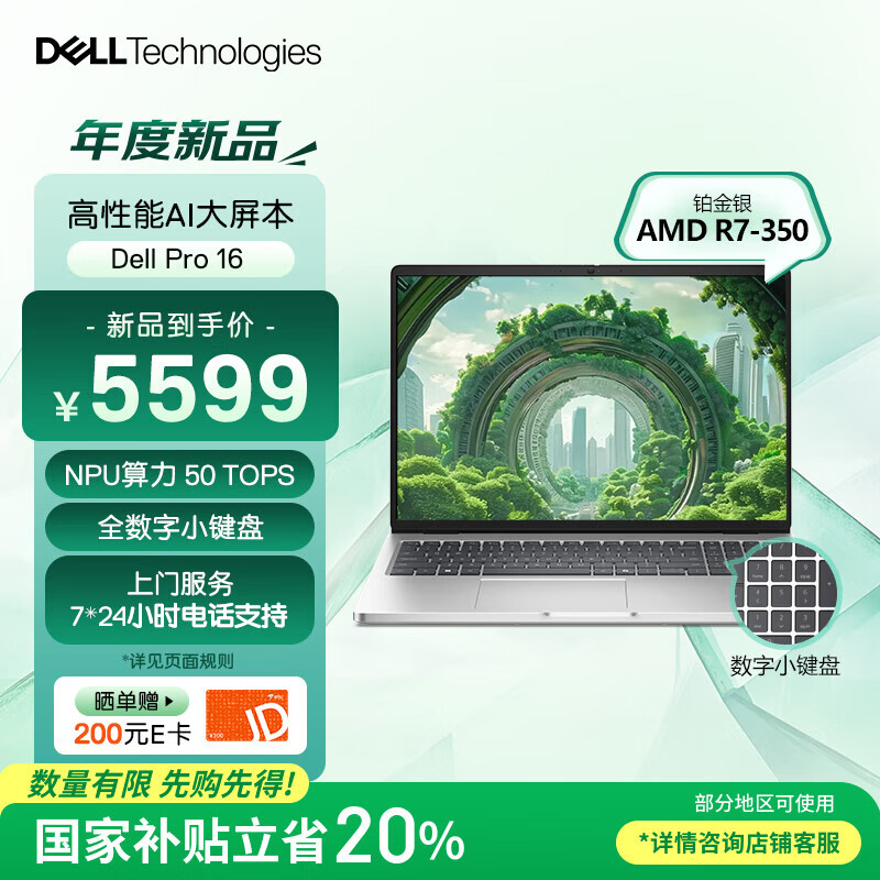 戴尔（DELL）国家补贴Dell Pro 16 锐龙AI笔记本电脑 16英寸大屏高性能 办公学习轻薄本(AMD AI 7-350 16G 1T)