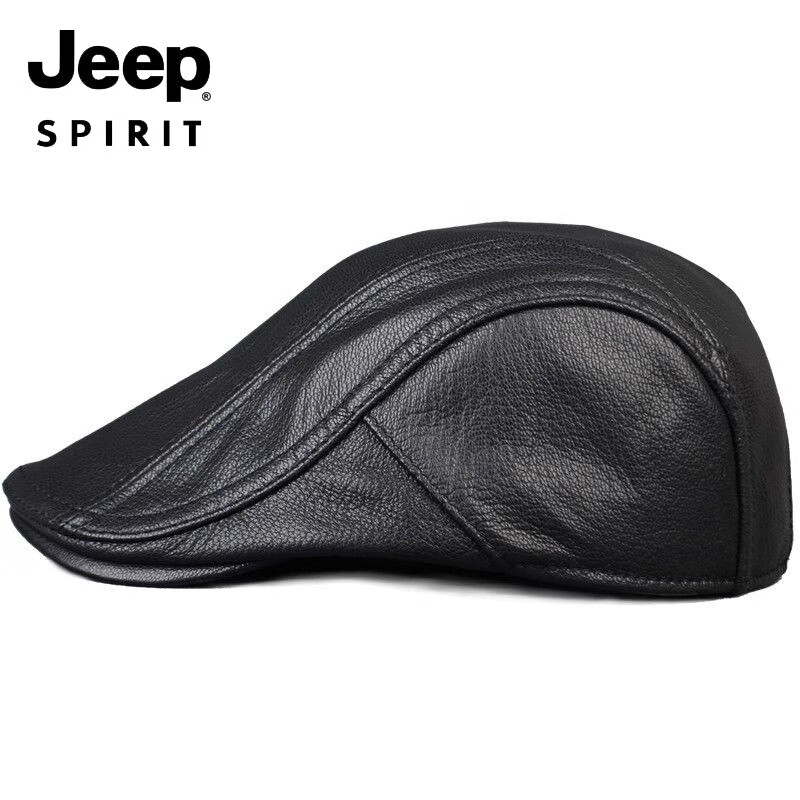 JEEP SPIRIT秋冬新款真皮帽子男真皮鸭舌帽户外中老年贝雷前进帽薄款单帽 黑色 均码 59-60