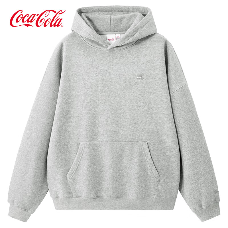 可口可乐（Coca-Cola）连帽卫衣男秋冬加绒加厚纯色简约刺绣上衣外套 花灰色 L