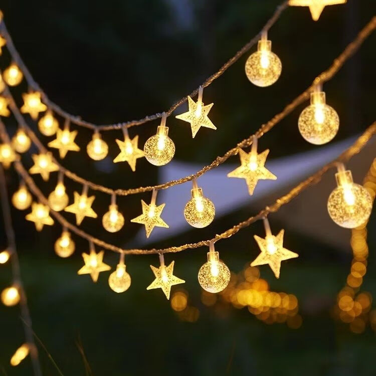 OYKTNLED小彩灯灯串房间挂灯宿舍装饰摆摊星星灯INS露营天幕灯光氛围灯 星星+气泡球【暖白】 USB款10米80灯带摇控【充电宝款】