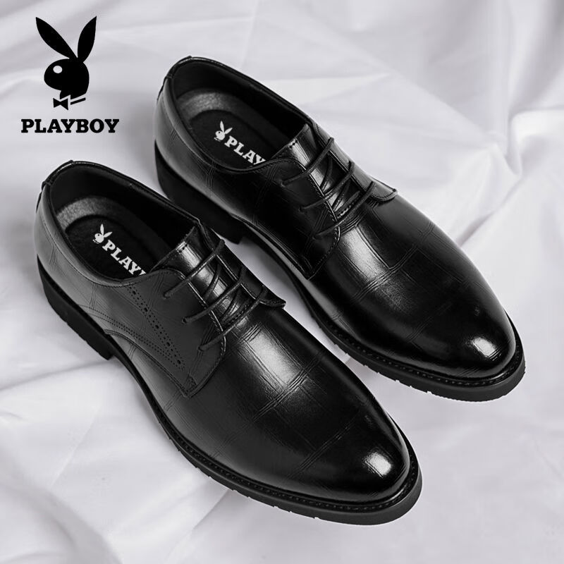 花花公子皮鞋男真皮英伦风商务正装黑色感厚底增高