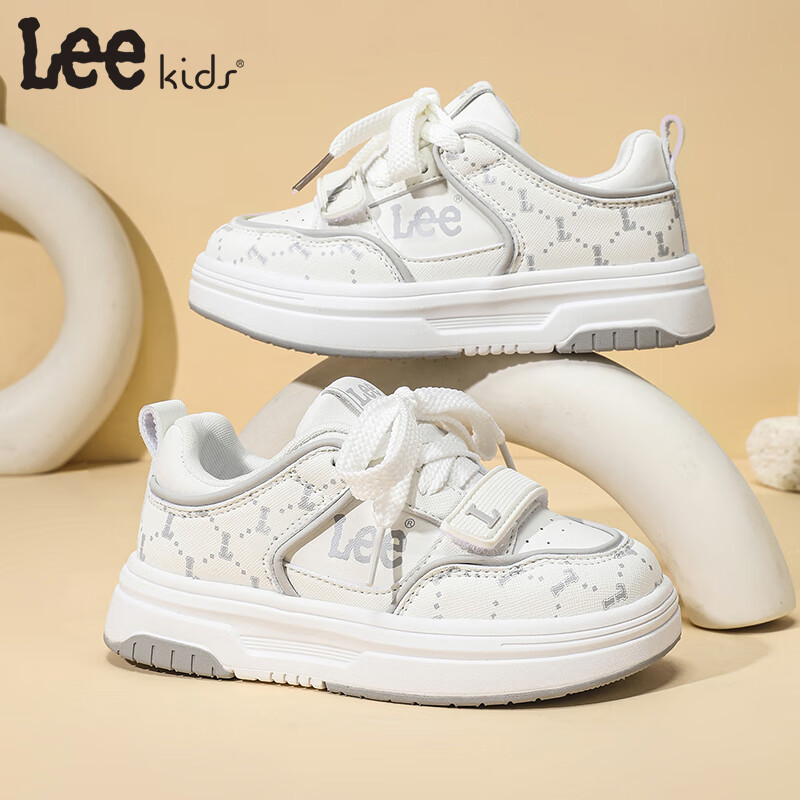 Lee童鞋儿童运动鞋【魔术贴小白鞋】春季校园透气男女童休闲板鞋 米白 28 【建议脚长174mm】