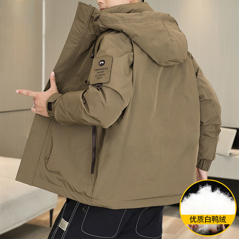 皮尔卡丹羽绒服外套冬季男士加厚连帽保暖短款2026新款休闲工装冲锋衣夹克 可可咖 3XL 体重160-175斤