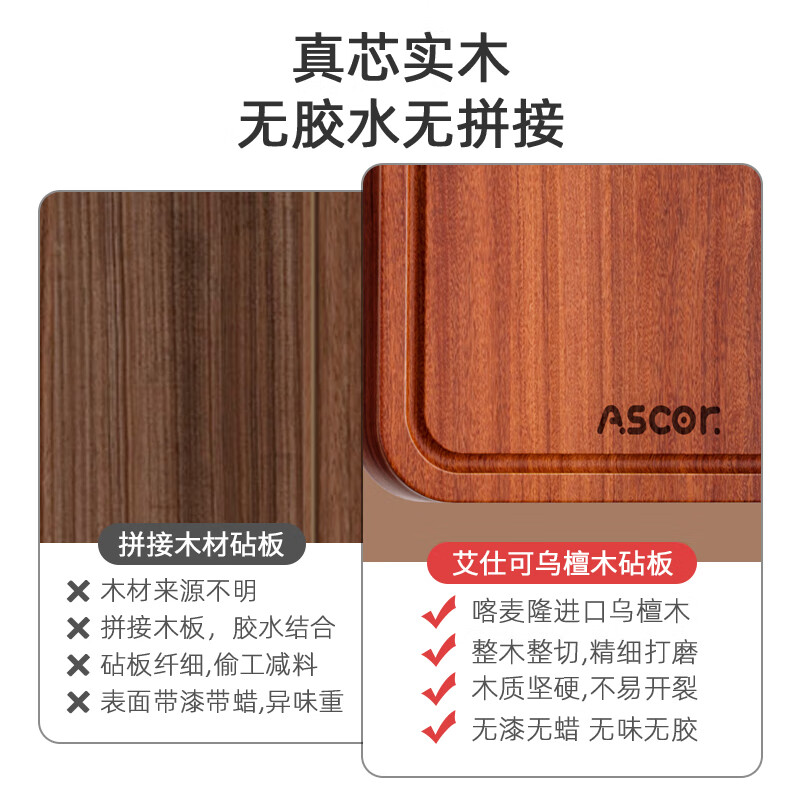 艾仕可(ASCOR)乌檀木菜板抗菌防霉家用食品级实木砧板厨房专用双面切菜案板粘板 【进口整木乌檀木】耐砍抗菌 双面适用3-4人 中号