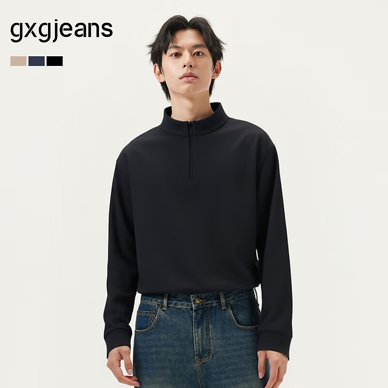 gxg.jeans男装* 多色基础打底宽松半开襟长袖T恤男士 25年秋新品 黑色 XL (180)