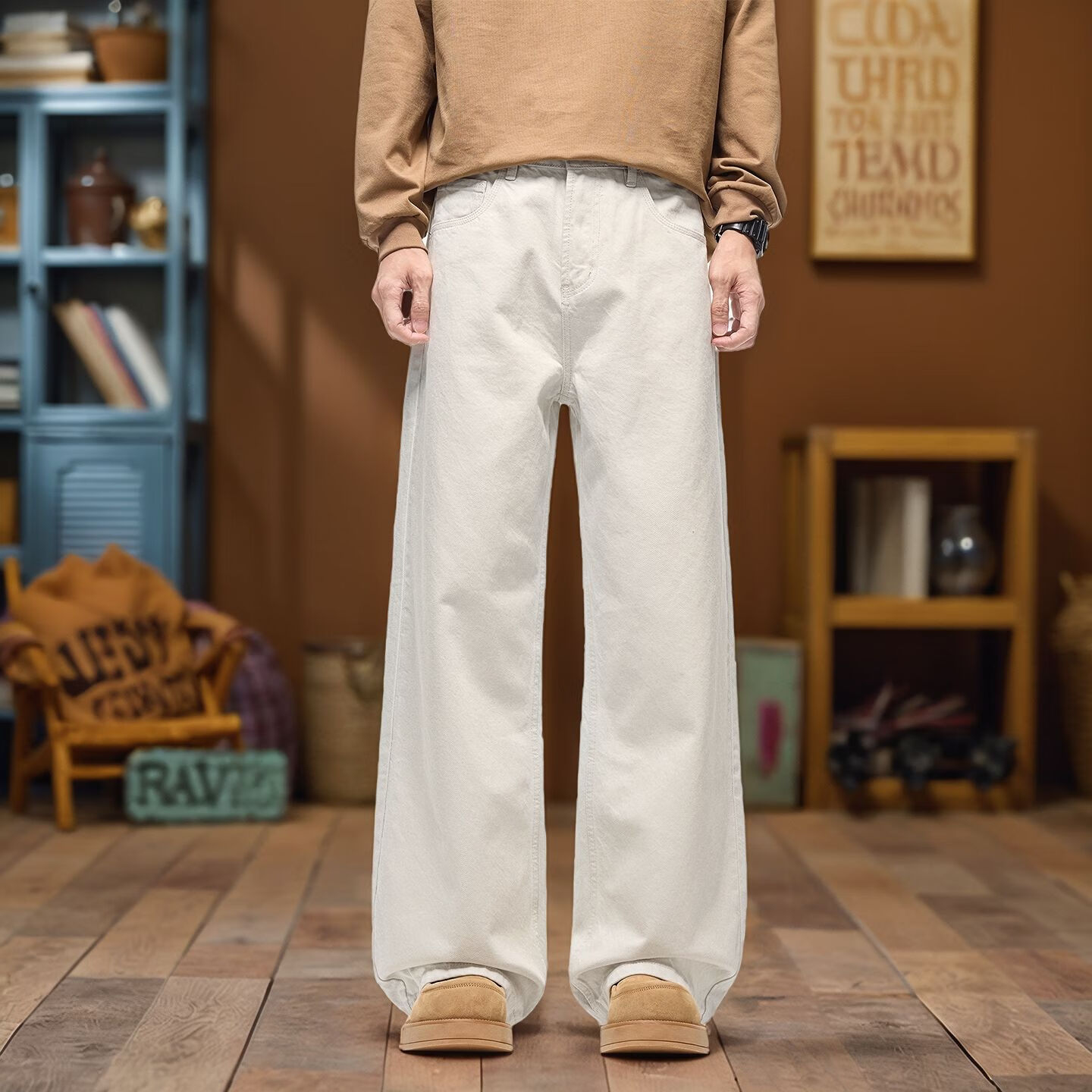 美式高端白色牛仔裤男宽松直筒阔脚长裤2026春夏新款拖地高街裤子 米色 8630 31 建议141-155斤