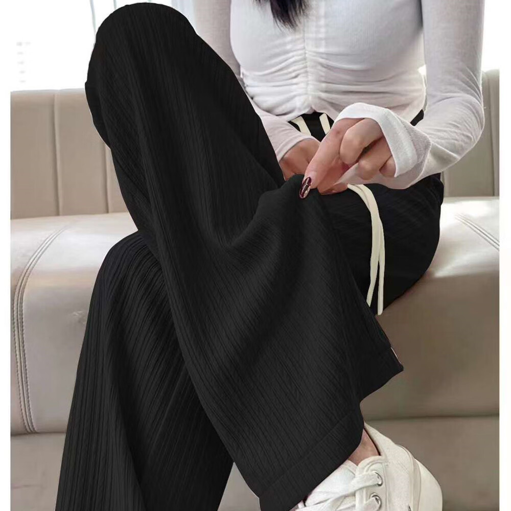 BURQAMARCH云朵泡芙裤窄版阔腿裤女士秋季高腰垂感裤子mm显瘦宽松直筒休闲裤 黑色 均码 (80-140斤)
