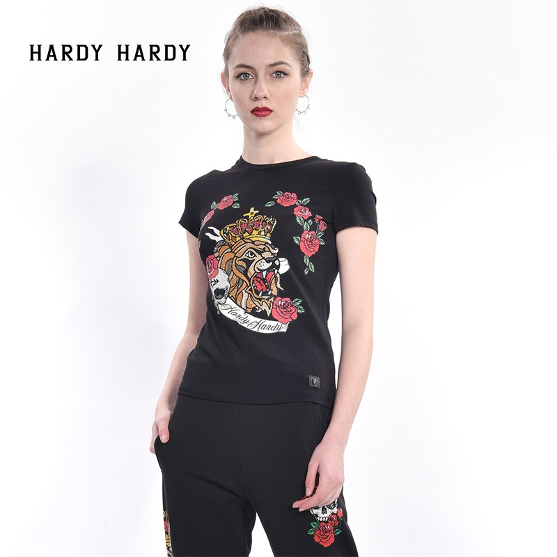 HARDY HARDY女士短袖T恤 烫钻狮子玫瑰骷髅印花上衣H18P31WSS177 黑色 S