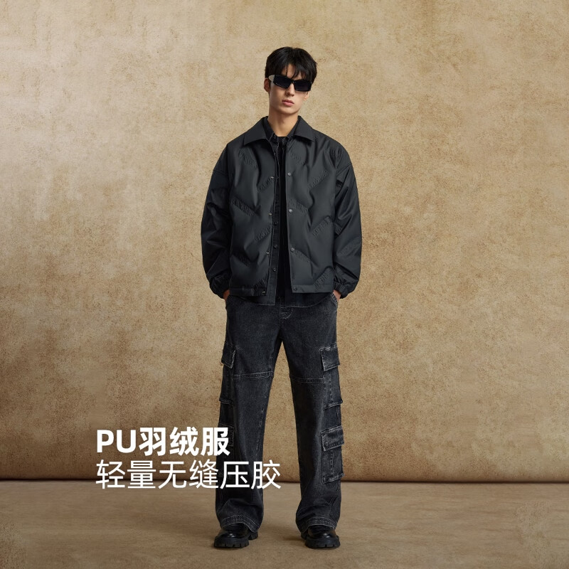 杰克·琼斯(JACK&JONES)男装25年秋冬季轻薄羽绒服男士翻领无帽短款PU压胶鸭绒服夹克 E41黑色 L (180)
