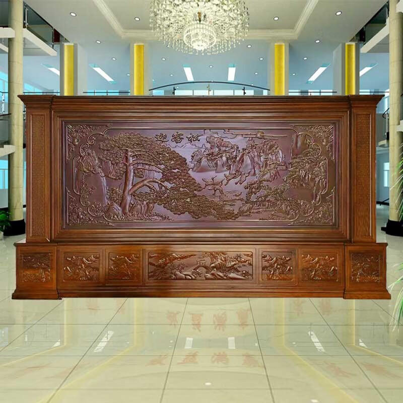 巨量鲁班高端实木座屏雕刻政府单位办公室进门学校大厅屏风隔断定制