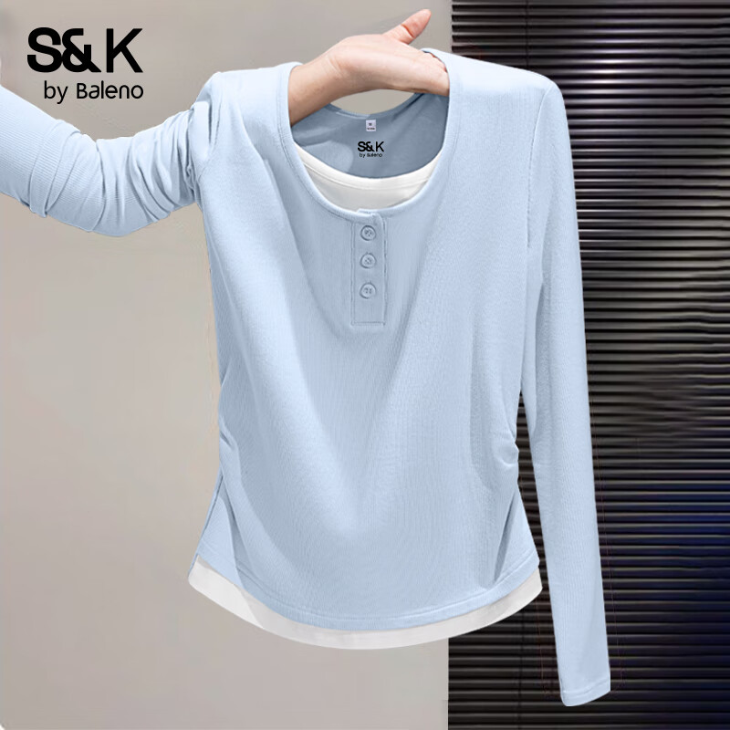 班尼路S&amp;K系列打底衫女装长袖t恤女春夏季新款假两件潮流上衣服修身短袖 雾霾蓝#纯色 【柔软亲肤】 XL