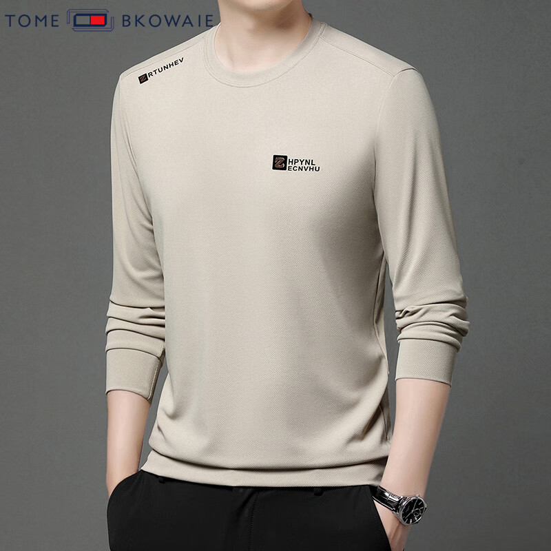 汤米芙兰可双面奥粒绒长袖t恤男2025年新款加绒保暖宽松套头圆领印花卫衣 912米白不加绒薄款 XL (175)（建议140-155斤）