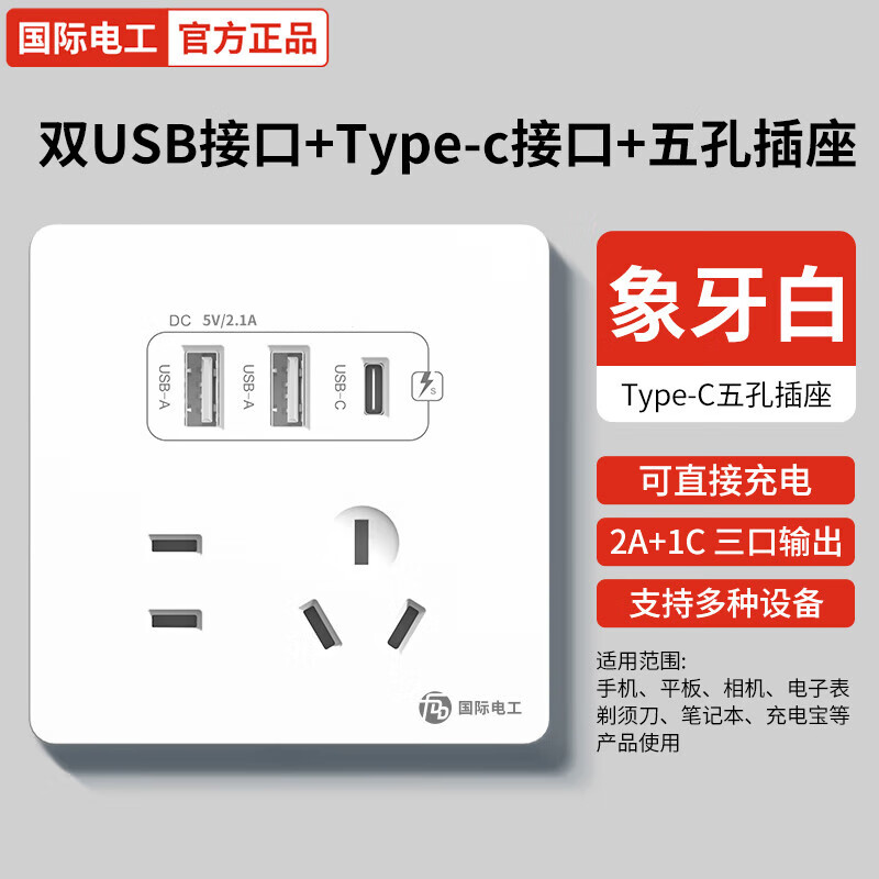 国际电工20W快充USB插座86型开关面板墙壁电源手机充电Type-c家用五孔插座 五孔2.1A快充USB+Type-C【白色】