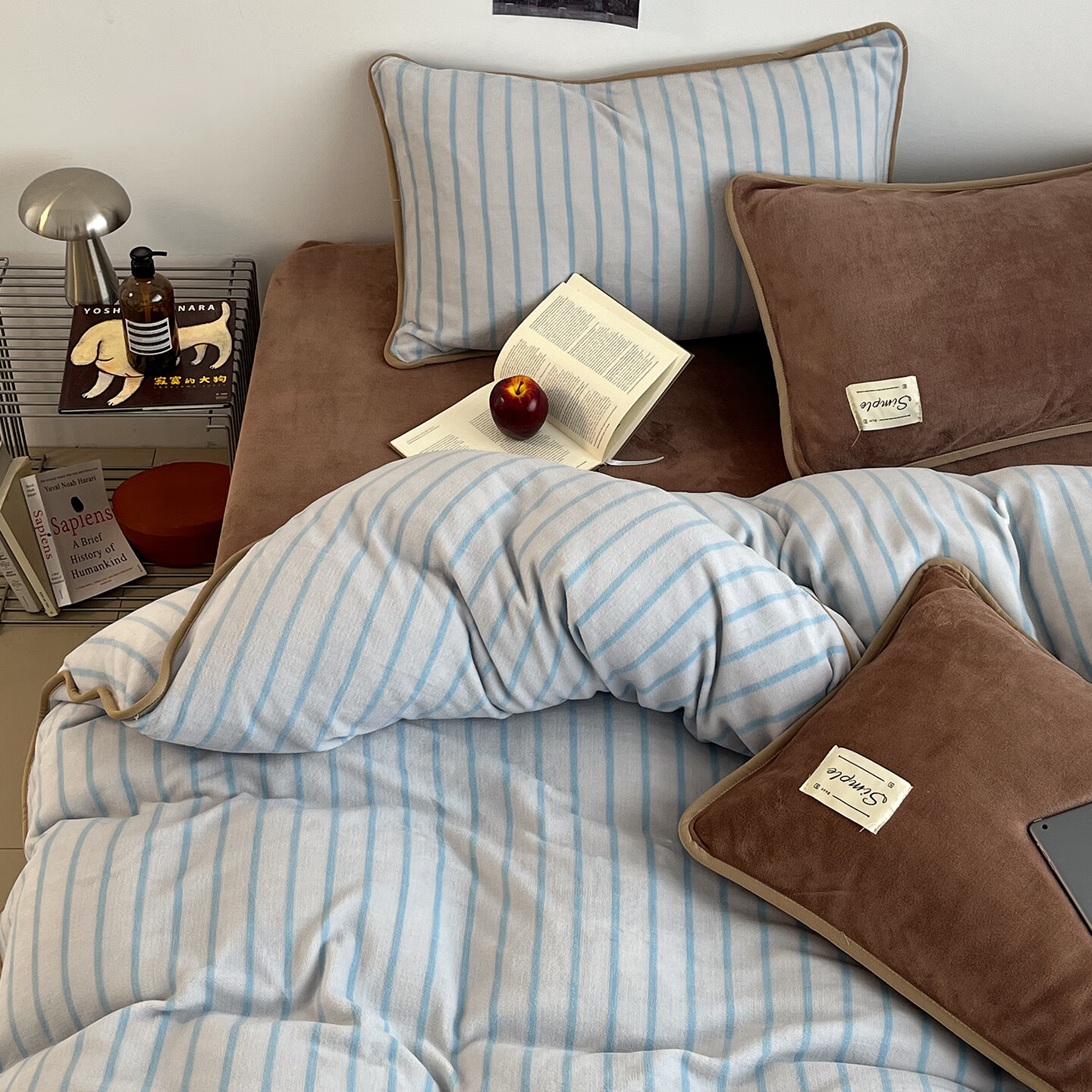 苏萱ins混搭牛奶绒床上四件套简约条纹被套秋冬加厚保暖珊瑚绒三件套4 复古条纹蓝棕 1.8m 床笠款 四件套-被套200x230cm