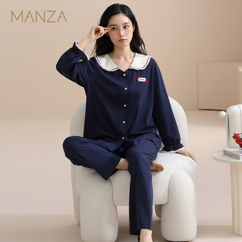 玛伦萨纯棉睡衣女春秋季2025新款可外穿长袖长裤大码女士家居服套装 宝兰 M
