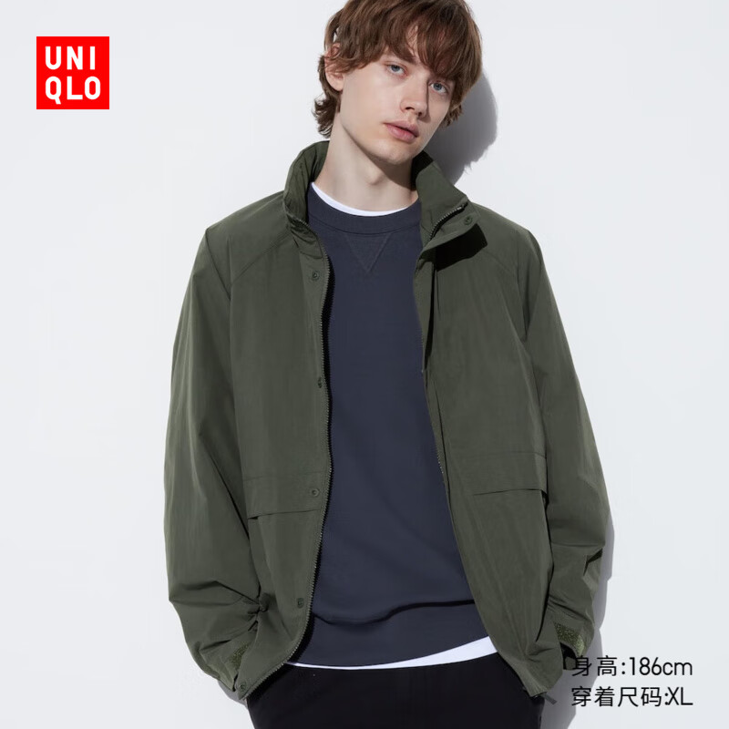 优衣库男装女装防风立领茄克/耐久防水休闲夹克外套连帽464918 57 松柏绿 M /170/92A