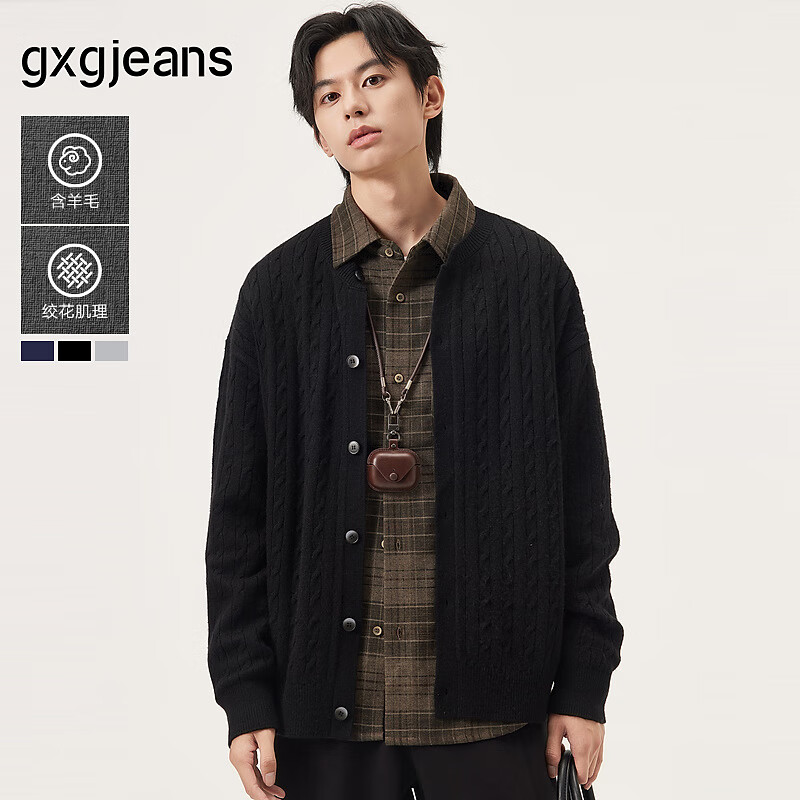 gxgjeans男装 多色绞花毛衣含羊毛休闲保暖针织衫外套男25秋新品 黑色 M (170)
