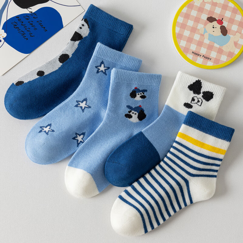妙优童儿童袜子男童春秋款大童7A类抗菌中筒袜女童宝宝秋季棉袜 星星小狗 3-5岁 (M码) 建议脚长约14-17cm
