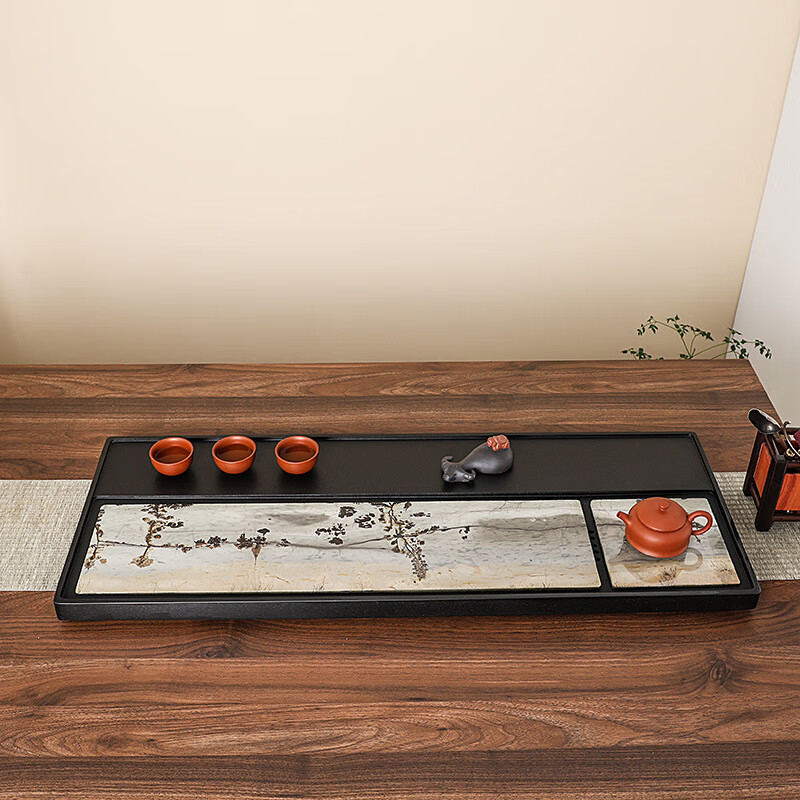 希格鲨茶盘乌金石国画石整块天然原石高端轻奢茶海家用客厅功夫茶具茶台 【玄青国画】尺寸：50*30*3cm