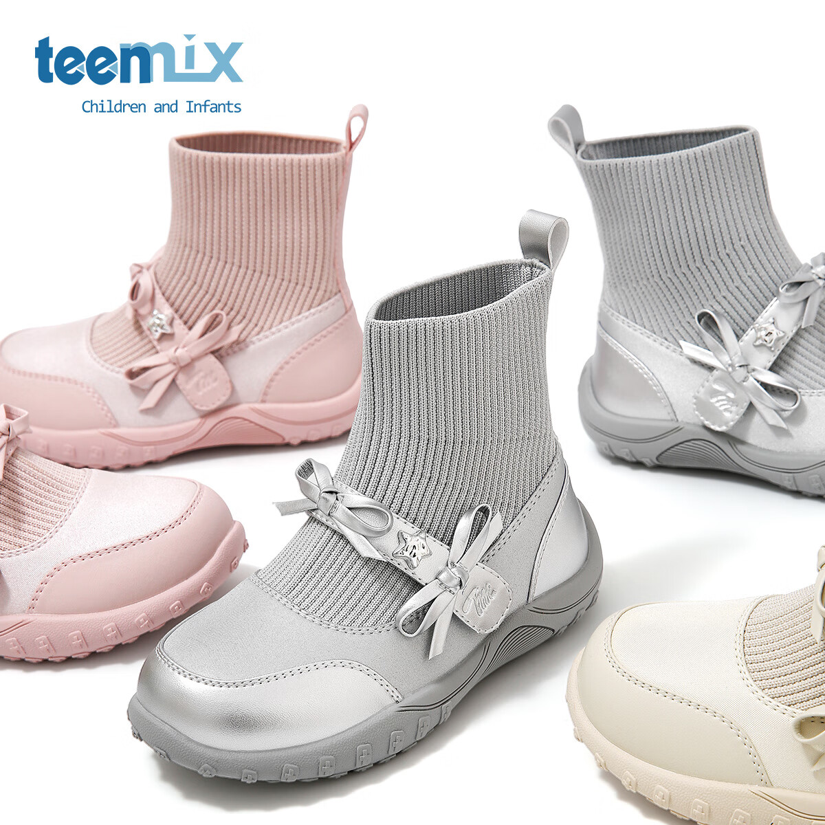 天美意天美意童鞋2025年春秋新款小女孩蝴蝶结公主靴女童百搭中大童袜靴 米色 31